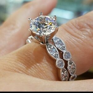 14k Solid White Gold Engagement Ring Wedding Band